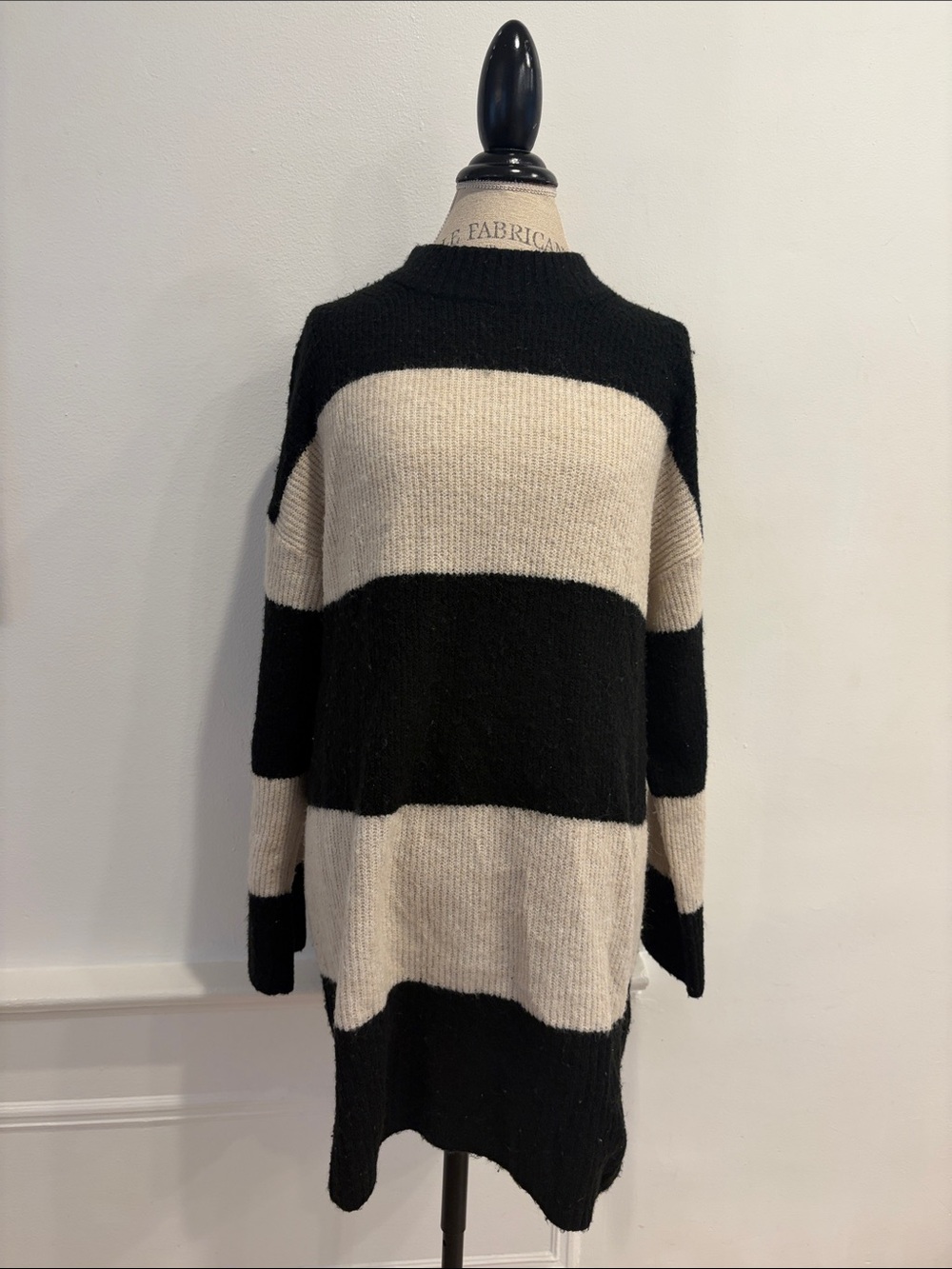 H&M Black and Cream Striped Crewneck Sweater
